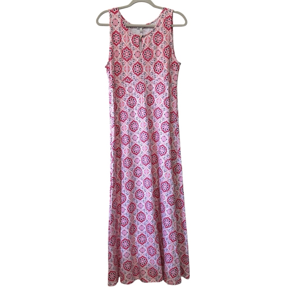 Talbots Sleeveless Maxi Dress with Pink and White Medallion Print, Size Large